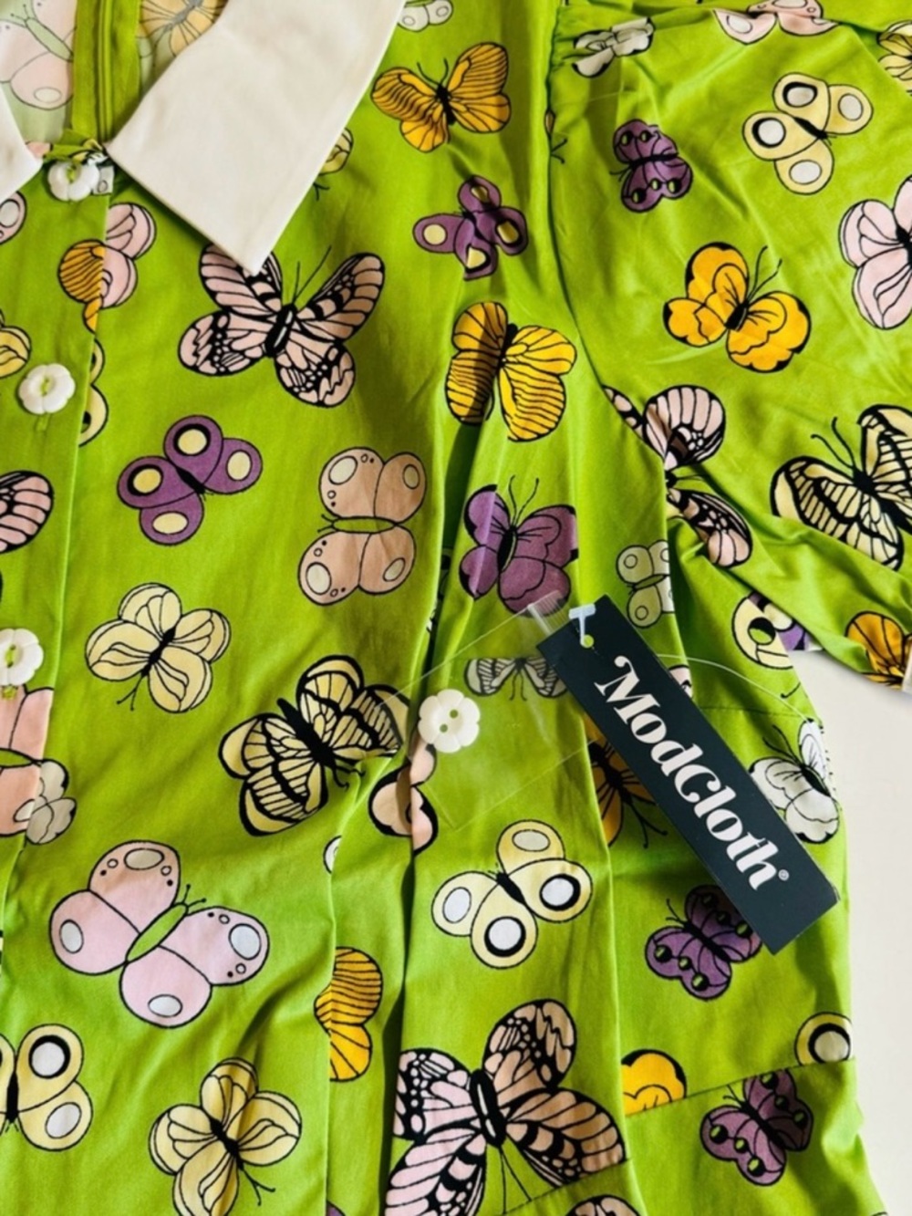 NWT Modcloth Green Butterfly-Print Short Sleeve Mini Dress with White Collar.16W - Picture 2 of 9
